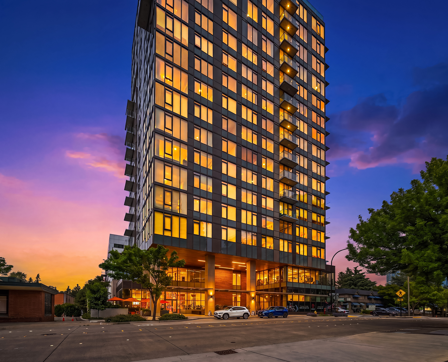 MARI podium and residential entry at twilight