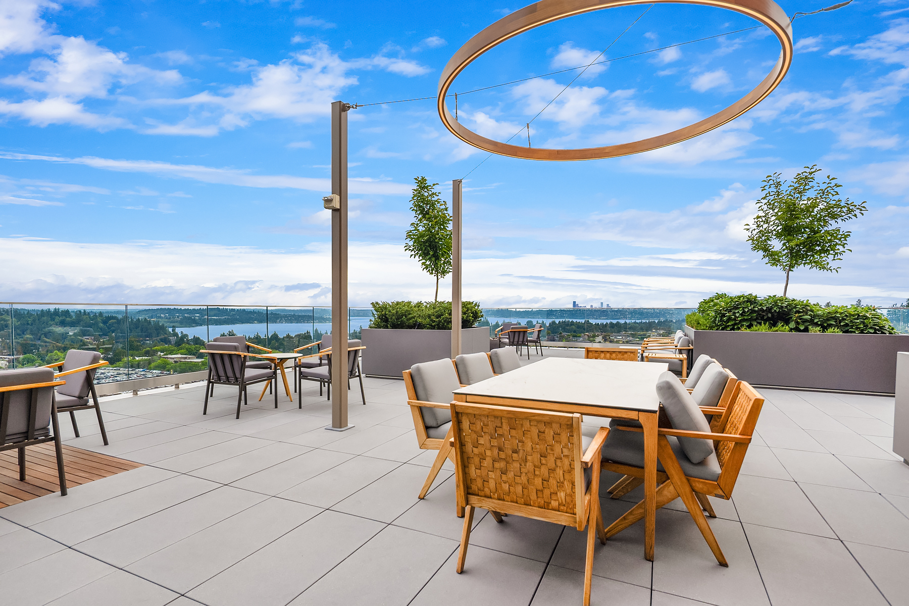 Rooftop terrace dining with Lake Washington views
