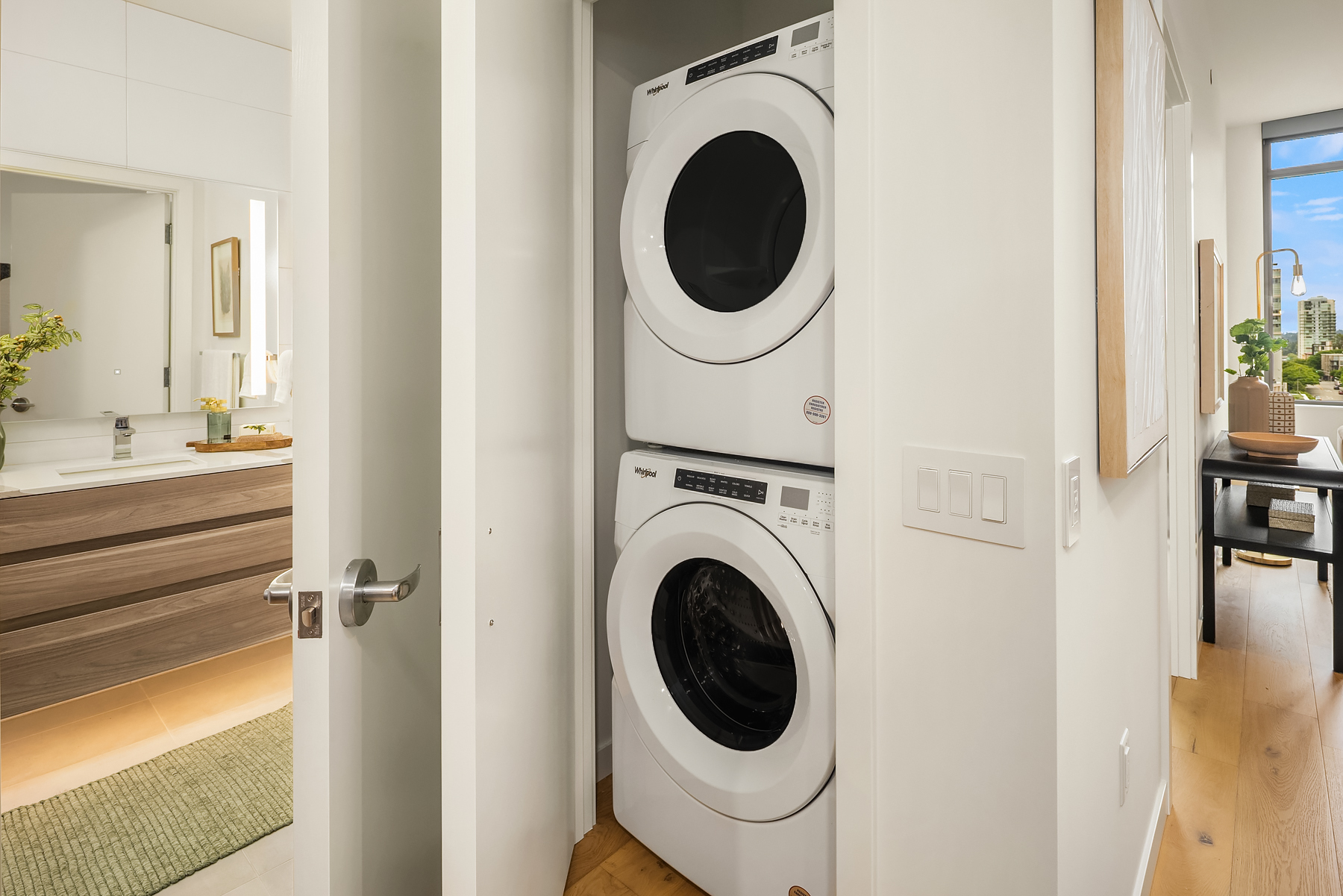 In-unit stacked washer and dryer